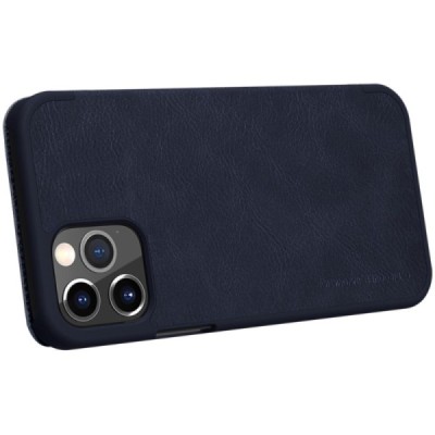 Greznais „Nillkin“ Qin sērijas ādas atvērams tumši zils Apple iPhone 12 (12 Pro) maciņš | Vacins.lv