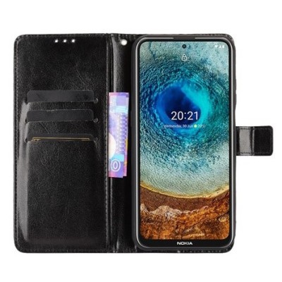 Nokia X20 (X10) atvēramais ādas melns maciņš, grāmata (maks) | Vacins.lv