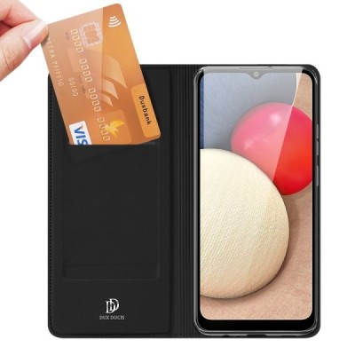 Dux Ducis Skin serijos Samsung Galaxy A02s A025 (166.5x75.9x9.2mm) juodas odinis atverčiamas dėklas | Priedai.lt