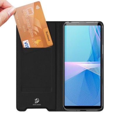 Sony Xperia 10 III „Dux Ducis“ Skin sērijas melns ādas atvērams maciņš | Vacins.lv