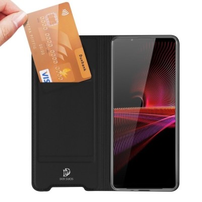 Sony Xperia 1 III „Dux Ducis“ Skin sērijas melns ādas atvērams maciņš | Vacins.lv