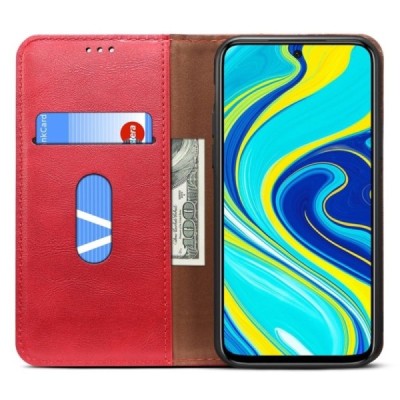 Deluxe atverčiamas raudonas odinis Xiaomi Redmi Note 9 dėklas - knygutė | Priedai.lt