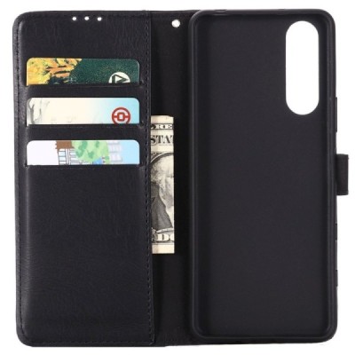 Sony Xperia 10 III atvēramais ādas melns retro maciņš (maks) | Vacins.lv