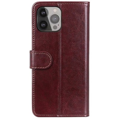 Apple iPhone 13 Pro Max atverčiamas rudas odinis dėklas, knygutė - piniginė | Priedai.lt