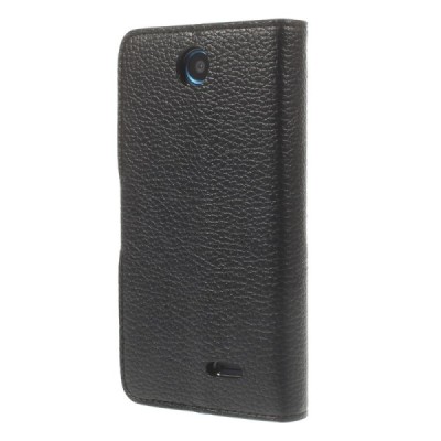 HTC Desire 310 atvēramais melns ādas Litchi futrālis - maciņš / Vacins.lv
