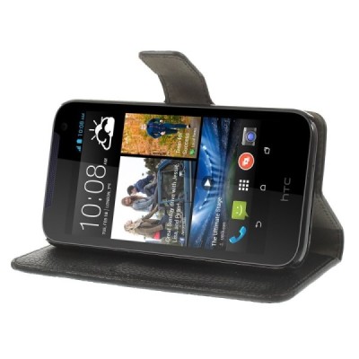 HTC Desire 310 atvēramais melns ādas Litchi futrālis - maciņš / Vacins.lv
