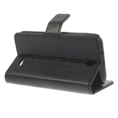 HTC Desire 310 atvēramais melns ādas Litchi futrālis - maciņš / Vacins.lv