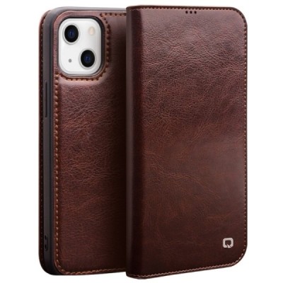 Apple iPhone 13 Mini „QIALINO“ atverčiamas rudas odinis dėklas - knygutė | Priedai.lt