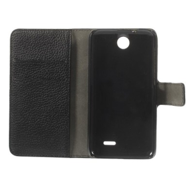 HTC Desire 310 atvēramais melns ādas Litchi futrālis - maciņš / Vacins.lv