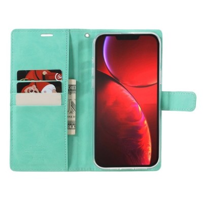 Mercury Blue Moon atverčiamas Apple iPhone 13 Pro Max mėtinis odinis dėklas - piniginė | Priedai.lt