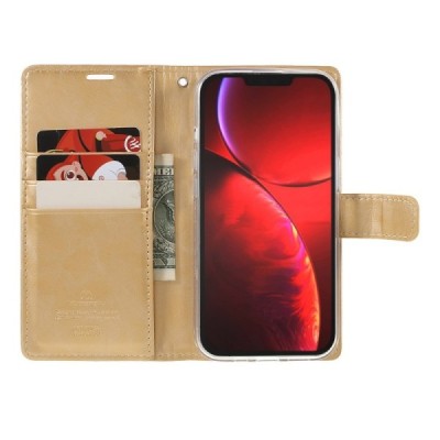 Mercury Blue Moon atverčiamas Apple iPhone 13 auksinis odinis dėklas - piniginė | Priedai.lt