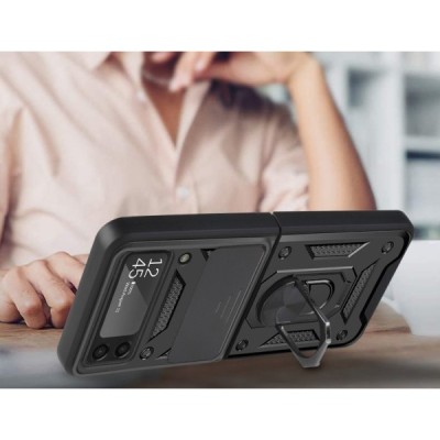 Sustiprintos apsaugos „Kickstand“ Samsung Galaxy Z Flip3 (F711) juodas kieto silikono (TPU) ir plastiko dėklas | Priedai.lt