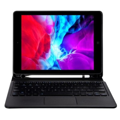 Apple iPad 9.7" 2017 (iPad 9.7" 2018) atverčiamas juodas odinis dėklas su bluetooth belaide klaviatūra | Priedai.lt