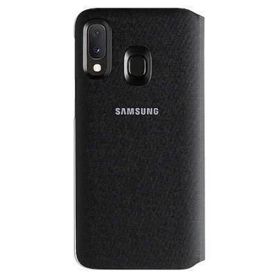 Samsung Galaxy A20e (A202F) oficiāls Wallet Cover atvērams melns ādas maciņš (maks) | Vacins.lv