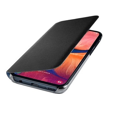 Samsung Galaxy A20e (A202F) oficiāls Wallet Cover atvērams melns ādas maciņš (maks) | Vacins.lv