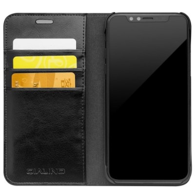Apple iPhone X (iPhone Xs) „QIALINO“ atvēramais ādas melns maciņš - maks | Vacins.lv