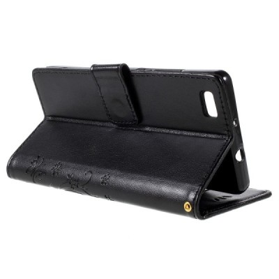 Huawei P8 Lite „Butterflies“ atverčiamas juodas odinis dėklas - piniginė | Priedai.lt