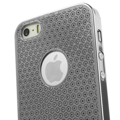 Stilingas sidabrinis, metalinis Apple iPhone SE (5, 5s) dėklas (dėkliukas) raižytas gėlytėmis / Priedai.lt