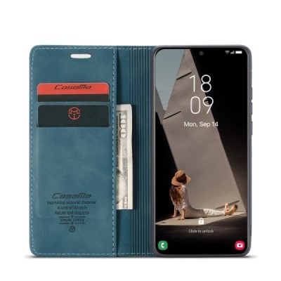 Samsung Galaxy S21 FE (Fan Edition) 5G CaseMe Retro solīds atvēramais ādas zaļš maciņš - maks | Vacins.lv