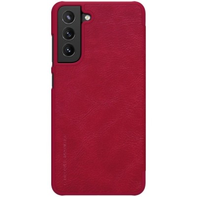 Samsung Galaxy S21 FE (Fan Edition) 5G greznais Nillkin Qin sērijas ādas atvērams sarkans maciņš, maks | Vacins.lv