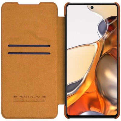 Xiaomi 11T (11T Pro) prabangus Nillkin Qin serijos rudas odinis atverčiamas dėklas - knygutė | Priedai.lt