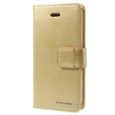 Mercury Blue Moon Clip atverčiamas Apple iPhone SE (5, 5s) auksinis odinis dėklas - piniginė / Priedai.lt