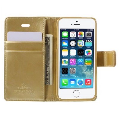 Mercury Blue Moon Clip atverčiamas Apple iPhone SE (5, 5s) auksinis odinis dėklas - piniginė / Priedai.lt
