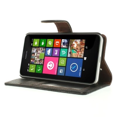 Nokia Lumia 635 atverčiamas juodas odinis dėklas - piniginė / Priedai.lt