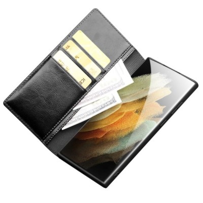 Samsung Galaxy S22 Ultra 5G (SM-S908X) „QIALINO“ atvēramais ādas melns maciņš - maks | Vacins.lv