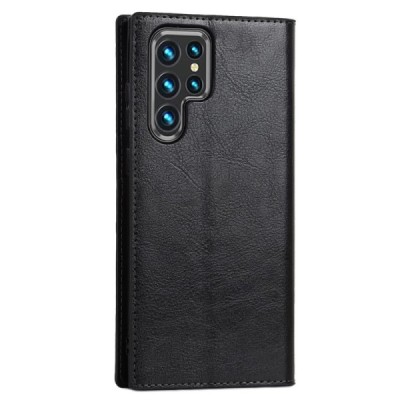 „Deluxe“ Samsung Galaxy S22 Ultra 5G (SM-S908X) melns ādas atvērams maciņš | Vacins.lv