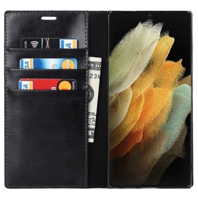 „Deluxe“ Samsung Galaxy S22 Ultra 5G (SM-S908X) melns ādas atvērams maciņš | Vacins.lv