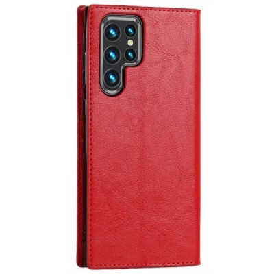 „Deluxe“ Samsung Galaxy S22 Ultra 5G (SM-S908X) sarkans ādas atvērams maciņš | Vacins.lv