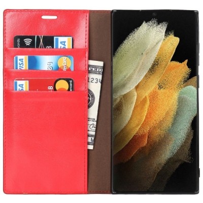 „Deluxe“ Samsung Galaxy S22 Ultra 5G (SM-S908X) sarkans ādas atvērams maciņš | Vacins.lv