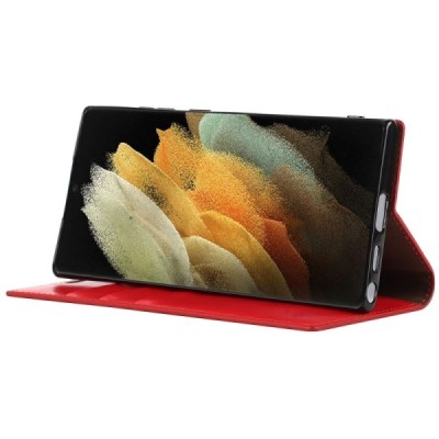 „Deluxe“ Samsung Galaxy S22 Ultra 5G (SM-S908X) sarkans ādas atvērams maciņš | Vacins.lv