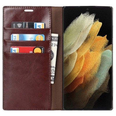 „Deluxe“ Samsung Galaxy S22 Ultra 5G (SM-S908X) brūns ādas atvērams maciņš | Vacins.lv