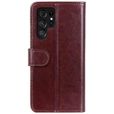 Samsung Galaxy S22 Ultra 5G (SM-S908X) atverčiamas rudas odinis dėklas - piniginė | Priedai.lt