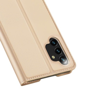 „Dux Ducis“ Skin serijos Samsung Galaxy A13 4G (SM-A135F, SM-A137F) auksinis odinis atverčiamas dėklas | Priedai.lt