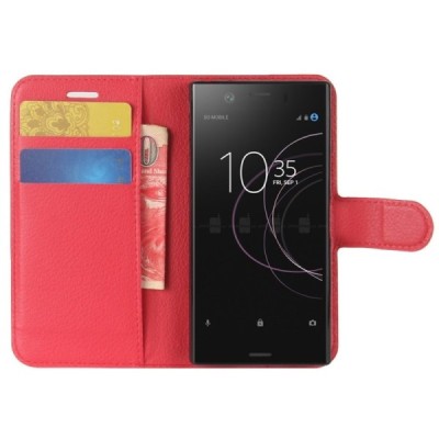 Sony Xperia XZ1 Compact atvēramais sarkans ādas Litchi maciņš - maks | Vacins.lv
