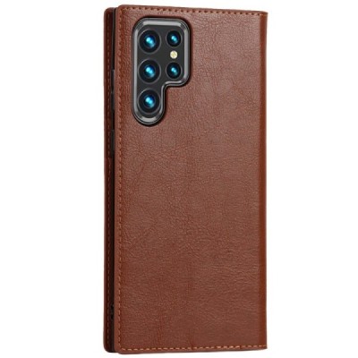 „Deluxe“ Samsung Galaxy S22 Ultra 5G (SM-S908X) gaiši brūns ādas atvērams maciņš | Vacins.lv