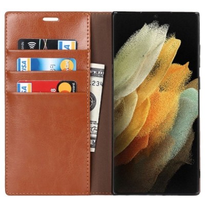 „Deluxe“ Samsung Galaxy S22 Ultra 5G (SM-S908X) gaiši brūns ādas atvērams maciņš | Vacins.lv