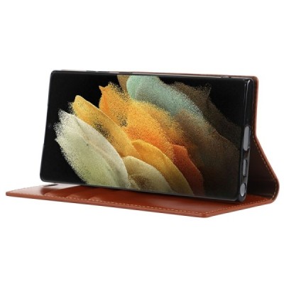 „Deluxe“ Samsung Galaxy S22 Ultra 5G (SM-S908X) gaiši brūns ādas atvērams maciņš | Vacins.lv