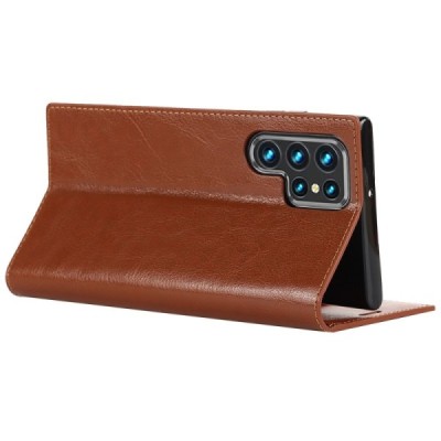 „Deluxe“ Samsung Galaxy S22 Ultra 5G (SM-S908X) gaiši brūns ādas atvērams maciņš | Vacins.lv