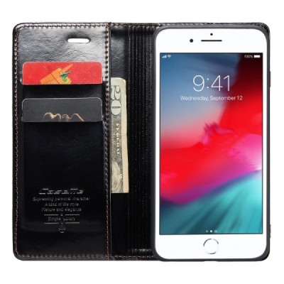 Apple iPhone 6 Plus (6s Plus, 7 Plus, 8 Plus) „CaseMe“ solidus atverčiamas juodas odinis dėklas - knygutė / Priedai.lt