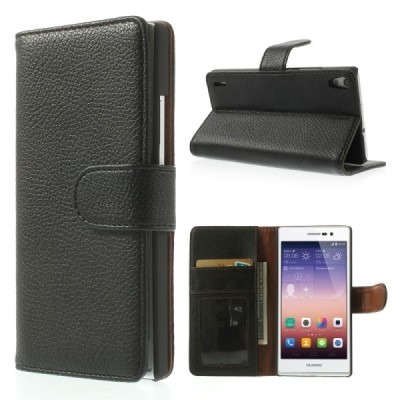 Huawei Ascend P7 atverčiamas juodas odinis Litchi dėklas - piniginė / Priedai.lt