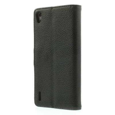 Huawei Ascend P7 atvēramais melns ādas Litchi futrālis - maciņš / Vacins.lv