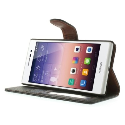 Huawei Ascend P7 atvēramais melns ādas Litchi futrālis - maciņš / Vacins.lv