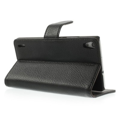 Huawei Ascend P7 atvēramais melns ādas Litchi futrālis - maciņš / Vacins.lv
