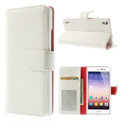 Huawei Ascend P7 atvēramais balts ādas Litchi futrālis - maciņš / Vacins.lv