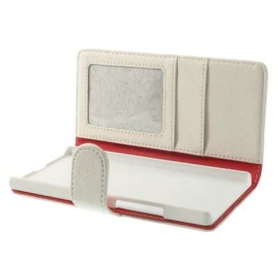 Huawei Ascend P7 atvēramais balts ādas Litchi futrālis - maciņš / Vacins.lv