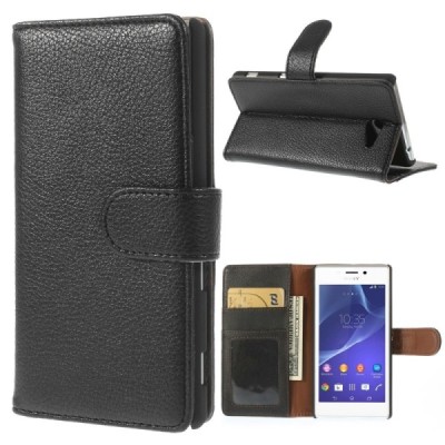 Sony Xperia M2 atverčiamas juodas odinis Litchi dėklas - piniginė / Priedai.lt